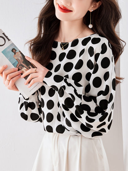 flowersverse Polka-Dot Long Sleeves Loose Round-Neck Blouses&Shirts Tops