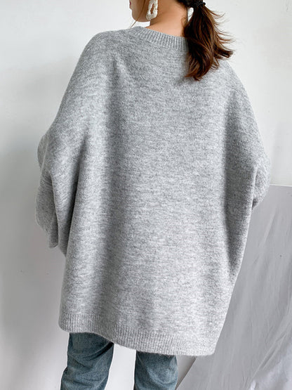 flowersverse Stretch Mohair-Blend Balloon Sleeves Loose Solid Round-Neck Sweater Tops