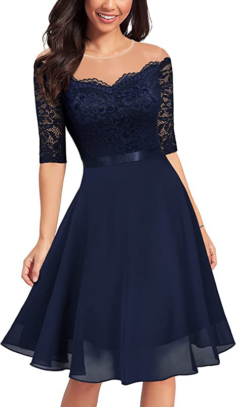 flowersverse Elegant Evening Dress Off Shoulder Sexy Half-Sleeve Lace Patchwork Chiffon Dress