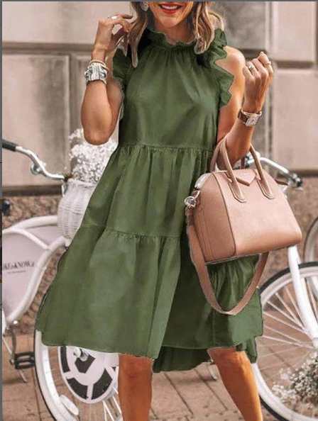 flowersverse Casual Loose Sleeveless Solid Color Large Round Neck Long Dress