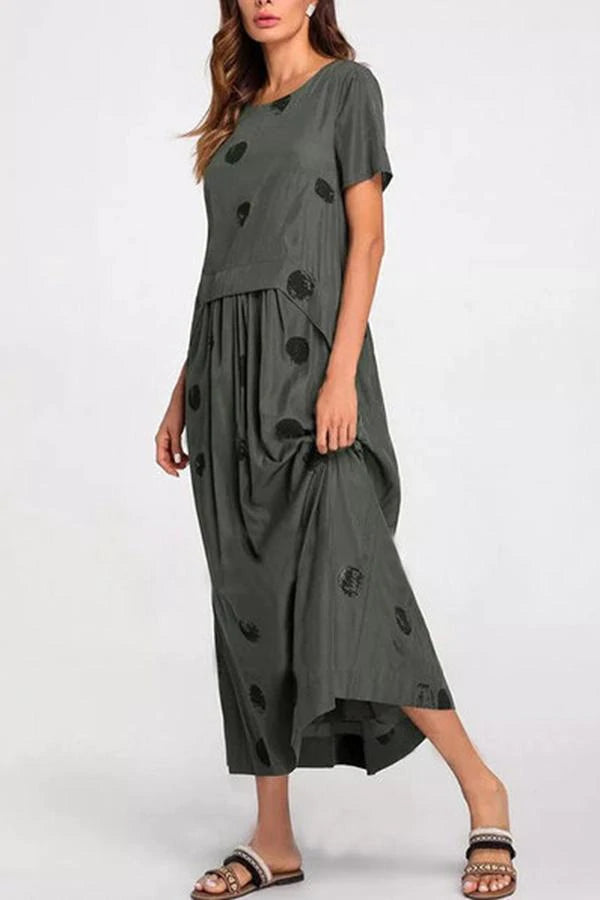 flowersverse Polka Dots Print Paneled Pleated Casual Midi Dress