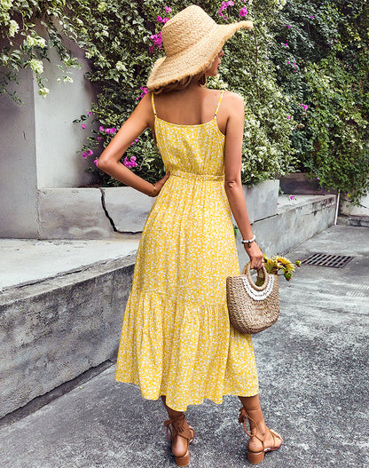 flowersverse Summer Spaghetti Strap Print Dresses For Women Slim Long Lace Up Button Floral Dress Female Sexy Backless