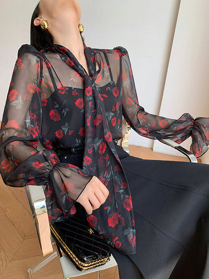 flowersverse Elasticity Flower Print Mesh Tied Flared Sleeves Long Sleeves V-Neck Blouses&Shirts Tops