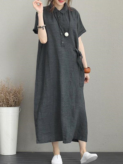 flowersverse Original Cotton-Blend Lapel Solid Color Dress