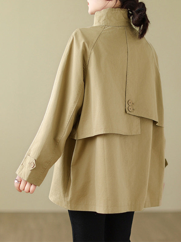 flowersverse Asymmetric Buttoned Pockets Solid Color Split-Joint Long Sleeves Loose Stand Collar Trench Coats Outerwear