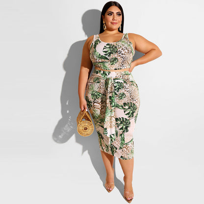 flowersverse Plus Size Printed Tank Top + Midi Skirt Set