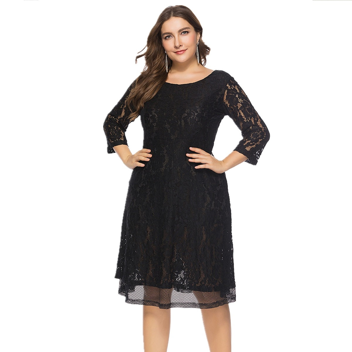 flowersverse Summer Fall Plus Size Women's Round Neck Lace Dress