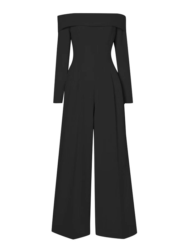 flowersverse Pleated Solid Color Split-Joint Tied High Waisted Long Sleeves Off-The-Shoulder Jumpsuits