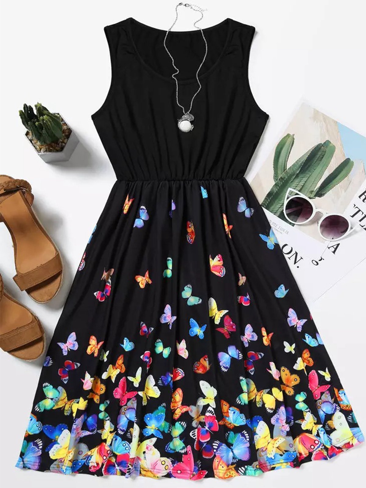 flowersverse Vintage Butterflies Printed Statement Plus Size Sleeveless Crew Neck Casual Knitting Dress