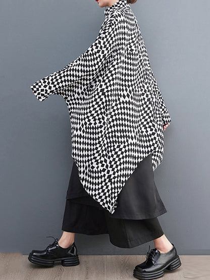 flowersverse High-Low Loose Plaid Zipper Stand Collar Outerwear