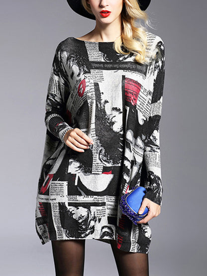 flowersverse Letter Print Printed Long Sleeves Loose Round-Neck Sweater Tops Pullovers Knitwear