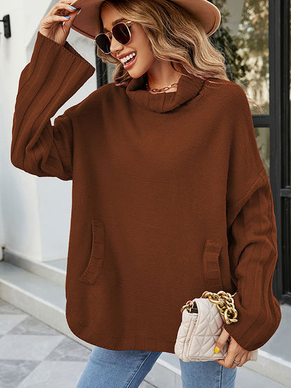 flowersverse Loose Long Sleeves Solid Color High-Neck With Pockets Sweater Tops