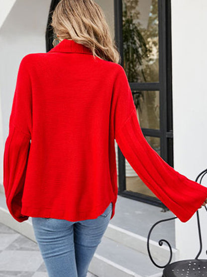 flowersverse Loose Long Sleeves Solid Color High-Neck With Pockets Sweater Tops