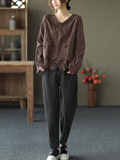 flowersverse Black&Coffee Lacy Hollow V-Neck Long Sleeve Shirts