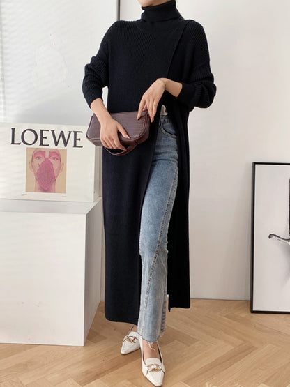 flowersverse Original Loose Solid Color Split-Front Sweater Dress