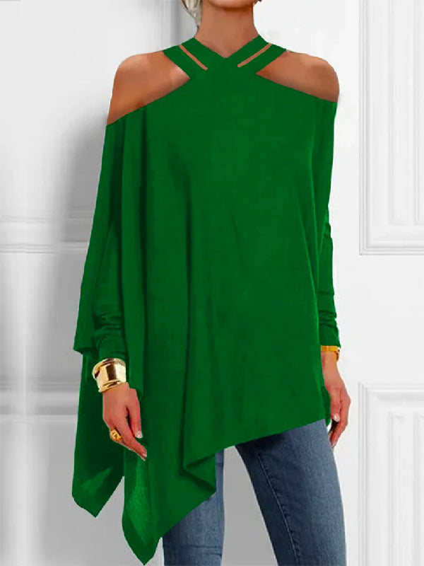 flowersverse Loose Asymmetric Hollow Solid Color Cold Shoulder Blouses&Shirts Tops