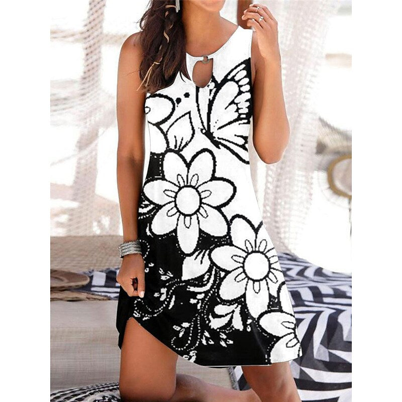 flowersverse Women's Casual Dress Shift Dress Tank Dress Floral Butterfly Print Crew Neck Mini Dress Fashion Outdoor Daily Sleeveless Regular Fit Black White Blue Winter Fall S M L XL XXL