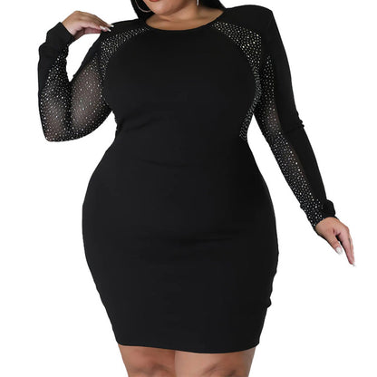 flowersverse Plus Size Long Sleeves Rhinestone Mini Dresses