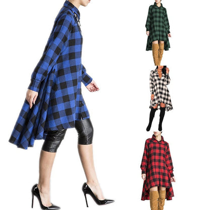 flowersverse Casual Pocket Long Midi Dress Sleeve Plaid Shirt Irregular Coat