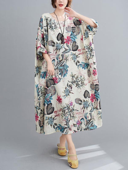 flowersverse Vintage Floral Round-Neck Dress