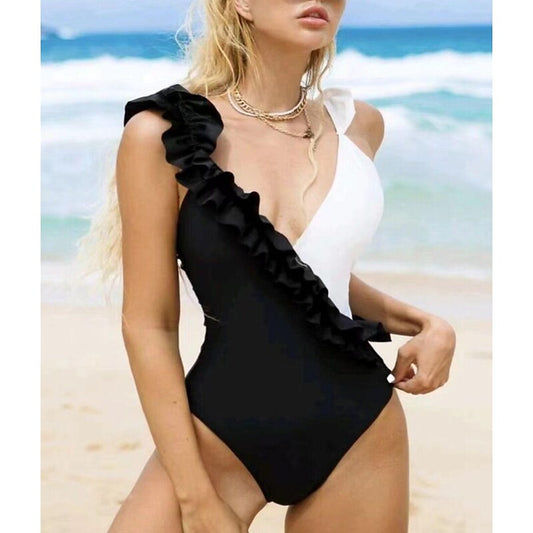 flowersverse Women's Swimwear One Piece Normal Swimsuit Ruffle Color Block Black And White Bathing Suits Sports Summer