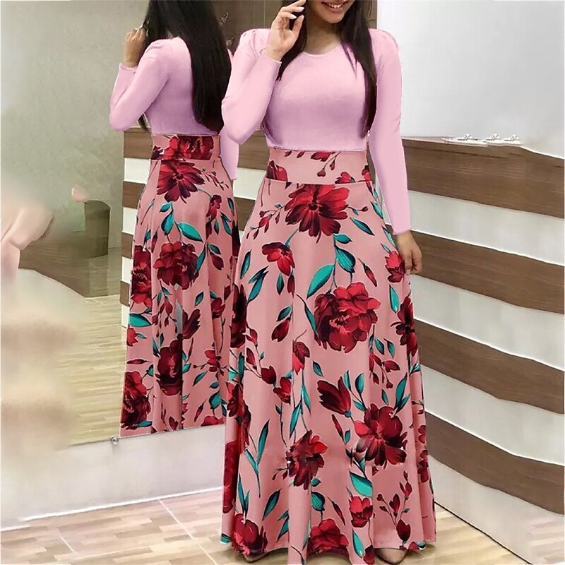 flowersverse Women's Plus Size Holiday Dress Floral Crew Neck Print Long Sleeve Fall Winter Casual Maxi long Dress Daily Dress