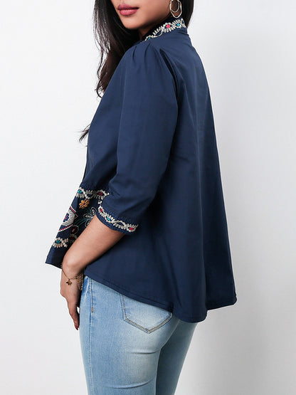 flowersverse Casual Loose High-Low Embroidered Stand Collar Blouses&Shirts Tops