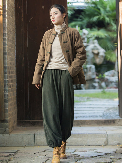 flowersverse Loose Solid Color Corduroy Casual Ninth Pants Bottoms