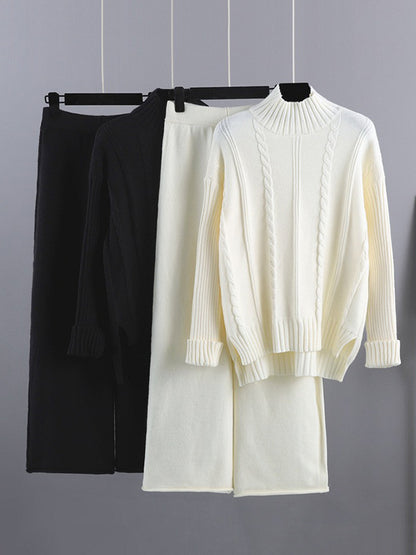 flowersverse Loose Long Sleeves Split-Side Solid High-Low Half Turtleneck Sweater Tops & Wide Leg Pants Two Pieces Set