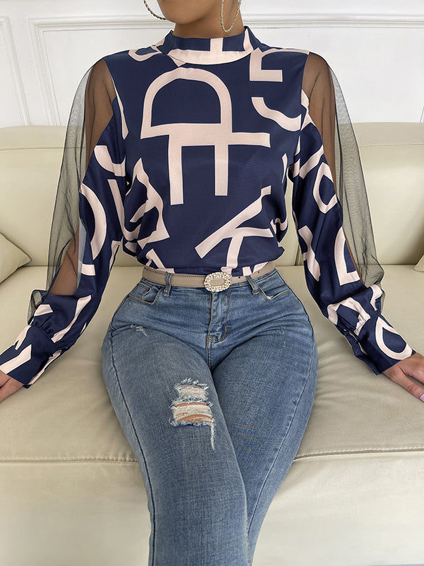 flowersverse Buttoned Hollow Letter Print See-Through Split-Joint Long Sleeves Round-neck Shirts Tops Blouses&shirts Tops