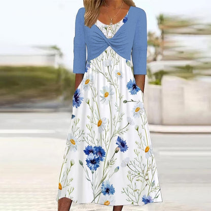 flowersverse Women's Casual Dress Summer Dress Print Dress Floral Ruched Fake two piece Crew Neck Midi Dress Fashion Modern Outdoor Daily Half Sleeve Regular Fit Green Spring Summer S M L XL XXL