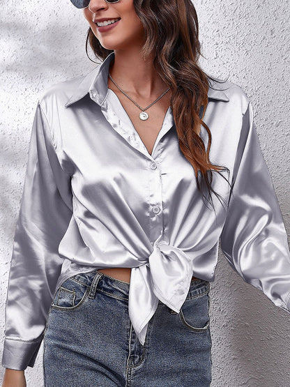 flowersverse Solid Color Long Sleeves Loose Lapel Blouses&Shirts Tops