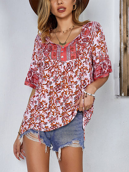 flowersverse Vacation Half Sleeves Loose Floral Printed V-Neck T-Shirt Top