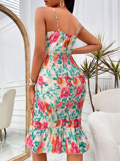 flowersverse Classy Floral Sweetheart Neck Cutout Midi Dress