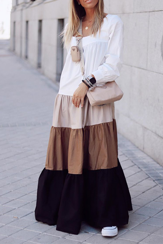 flowersverse Casual Patchwork Flounce  Contrast Square Collar Cake Skirt Dresses