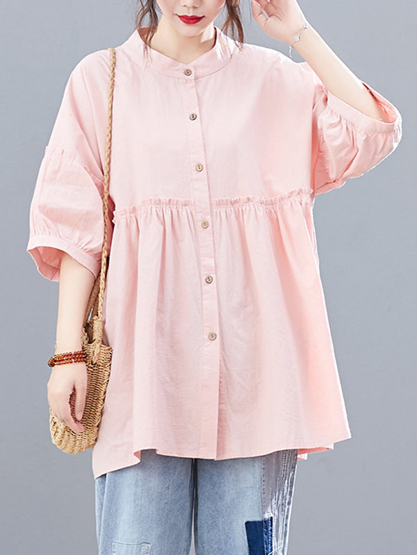 flowersverse Artistic Retro Loose Half Sleeves Pleated Falbala Split-Joint Solid Color Blouses