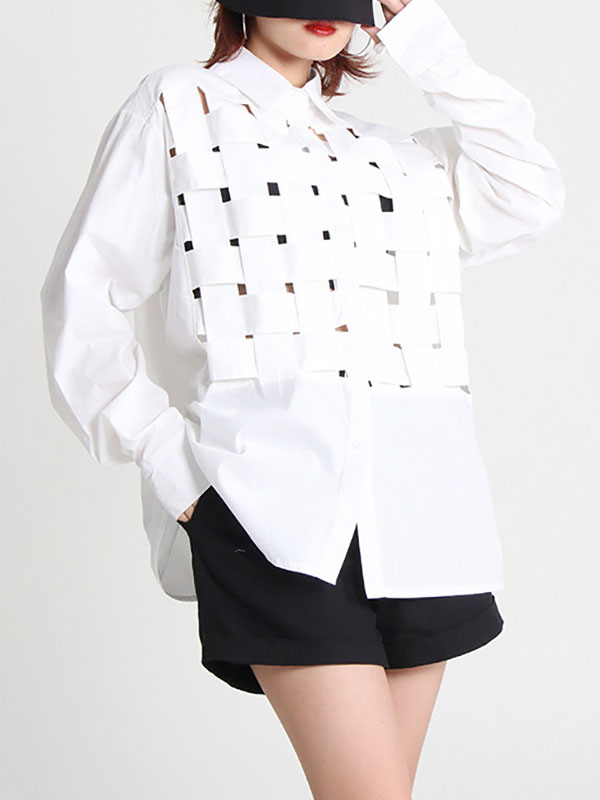 flowersverse Original Loose Puff Sleeves Buttoned Hollow Solid Color Lapel Collar Blouses&Shirts Tops