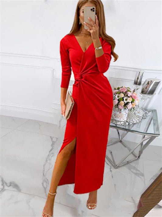 flowersverse Solid Color Wrapped Chest Long Temperament Commuter V-Neck Dress