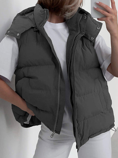 flowersverse Loose Sleeveless Drawstring Split-Joint Zipper Hooded Padded Vest