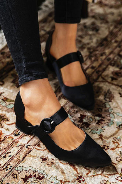 flowersverse Pointed Toe Buckled Chunky Heels