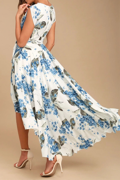 flowersverse Elegant Floral Frenulum With Belt Irregular Dress Dresses