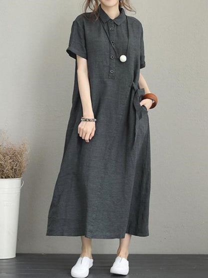 flowersverse Original Cotton-Blend Lapel Solid Color Dress