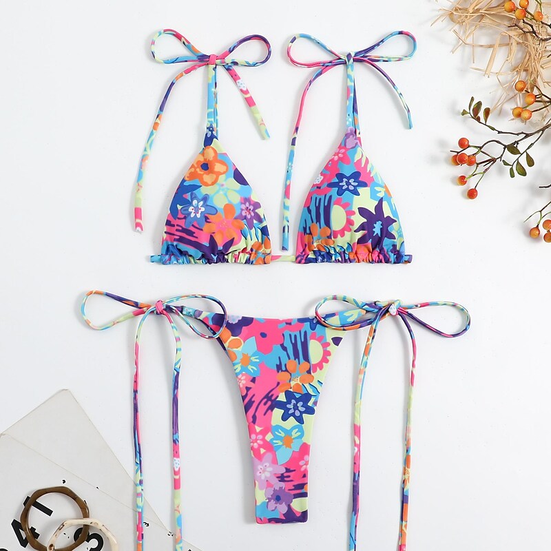 flowersverse Women's Swimwear Bikini Normal Swimsuit 2 Piece Printing Floral Blue flower Yellow flower Black Flowers Green flower Red Bathing Suits Sports Summer