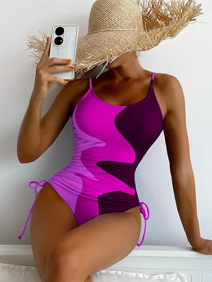 flowersverse Women's Swimwear One Piece Normal Swimsuit Printing Color Block Blue Purple Brown Green Bodysuit Bathing Suits Sports Summer