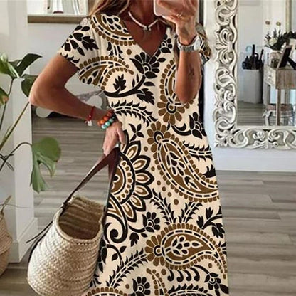 flowersverse Women's Casual Dress Ethnic Dress Shift Dress Long Dress Maxi Dress Khaki Short Sleeve Floral Split Spring Summer V Neck Vacation  S M L XL XXL 3XL