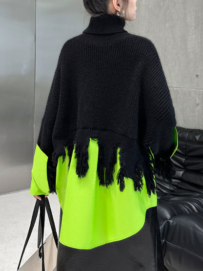 flowersverse Asymmetric Fringed Split-Joint A-Line Long Sleeves High Neck Sweater Tops Pullovers Knitwear