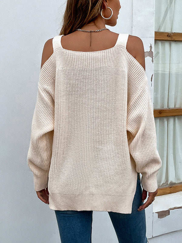 flowersverse Long Sleeves Split-Side Solid Color Off-The-Shoulder Sweater Tops