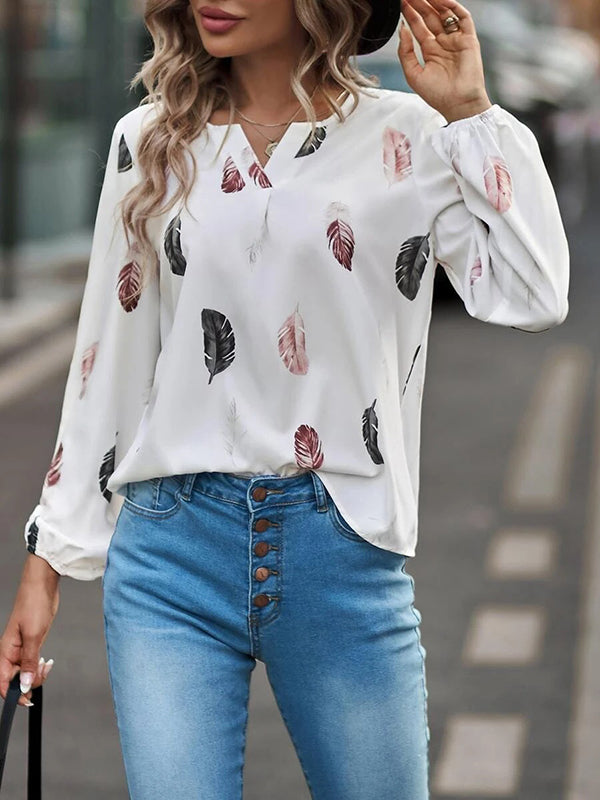 flowersverse Printed Long Sleeves Loose V-Neck Blouses&Shirts Tops