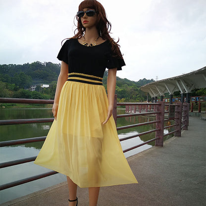 flowersverse Chiffon Stitching Color Long Skirt Large Swing Plus Size Women's Dress