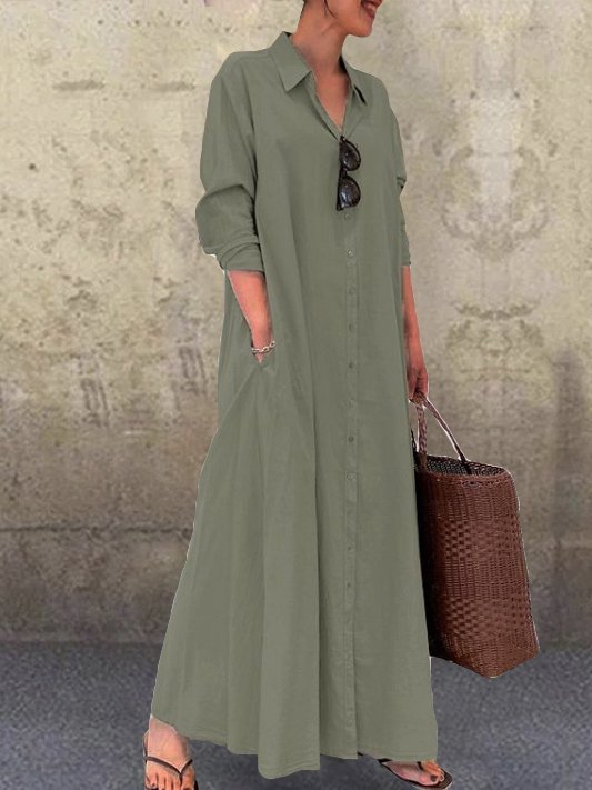 flowersverse Casual and simple plain long-sleeved shirt collar cotton and linen maxi dress